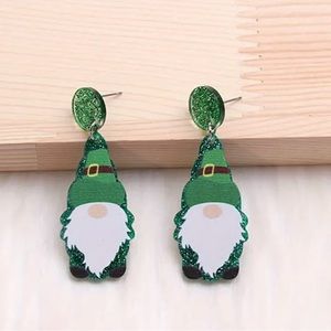5/$25 ☘️ St. Patrick's Day Gnome Green Glitter Acrylic Dangle Post Earrings